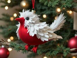 un rojo pájaro ornamento en un Navidad árbol. ai generado foto