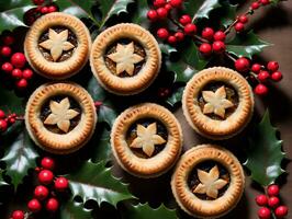 A Table Topped With Mini Pies And Holly. AI Generated photo