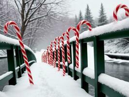 A Row Of Candy Canes On A Bridge. AI Generated photo