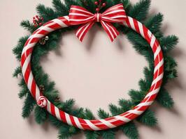 A Wreath With Candy Canes And A Red And White Striped Ribbon. AI Generated photo