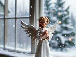 A Small Angel Figurin Standing In Front Of A Window. AI Generated photo
