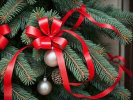 A Christmas Tree With Red Ribbon And Silver Ornaments. AI Generated photo