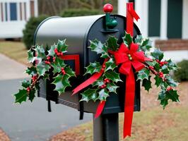A Christmas Wreath On A Mailbox. AI Generated photo