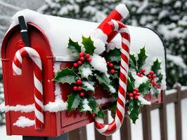 A Red Mailbox With A Wreath And Candy Cane. AI Generated photo