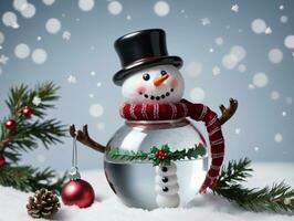 Snowman With Christmas Tree Branch. AI Generated photo