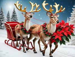 A Couple Of Reindeers Pulling A Sler With A Christmas Tree. AI Generated photo