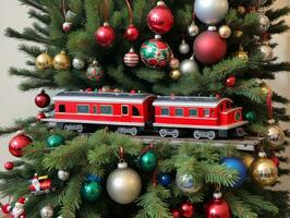 un Navidad árbol con un tren en él. ai generado foto