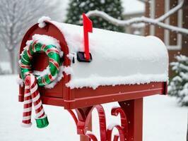 A Red Mailbox With A Candy Cane. AI Generated photo