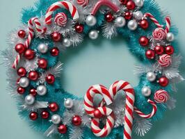 Christmas Wreath With Candy And Candy Canes. AI Generated photo