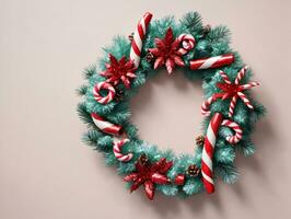 A Christmas Wreath With Candy Canes And Candy Cane. AI Generated photo