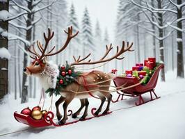 A Reindeer Pulling A Sler. AI Generated photo