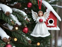 A Christmas Tree With A Red Birdhouse And Angel. AI Generated photo