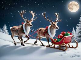 Reindeers Pulling A Sler. AI Generated photo