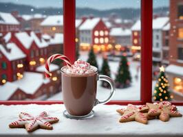 A Cup Of Hot Chocolate With A Candy Cane In It. AI Generated photo