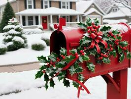 A Red Mailbox With Holly And Red Berries. AI Generated photo