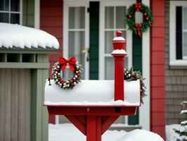 A Red Mailbox With A Wreath On It. AI Generated photo