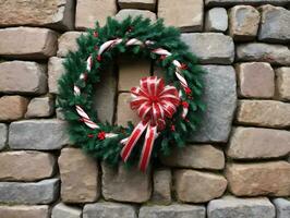 A Wreath On A Stone Wall With A Red And White Bow. AI Generated photo