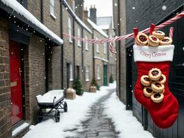 A Red Stocking Hanging From A Brick Wall. AI Generated photo