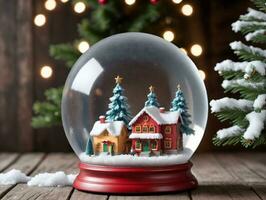 Navidad nieve globo con un casa y arboles en el antecedentes. ai generado foto
