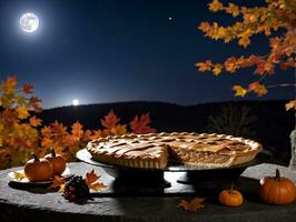 A Pie And A Pumpkin On A Table. AI Generated photo
