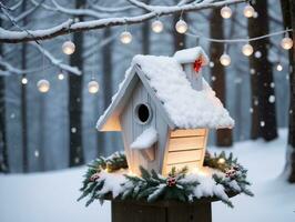 un pajarera con un Navidad guirnalda y luces. ai generado foto