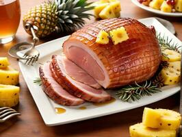 A Ham On A Plate With Pine And Pine. AI Generated photo