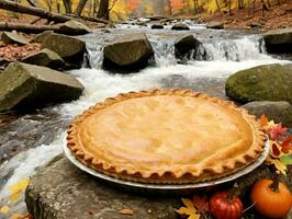 A Pie Sitting On A Rock In A Stream. AI Generated photo