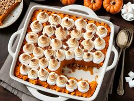 A White Dish Filled With A Pumpkin Pie. AI Generated photo