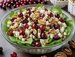 A Bowl Of Cran And Pece Salad With Cherries. AI Generated photo