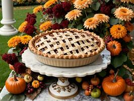 A Pie On A Pedestal With Flowers And Pumpkins. AI Generated photo