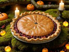 A Pie With Cranberries And Cranberries On A Table. AI Generated photo