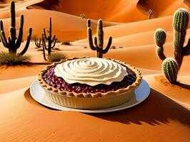 A Desert Scene With A Desert Dessert And Cactus. AI Generated photo