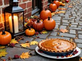 A Pie On A Plate With A Candle And Pumpkins. AI Generated photo