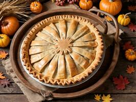 A Pie Sitting On A Wooden Table Surrounded By Autumn Leaves. AI Generated photo