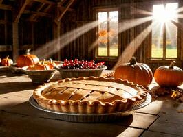 A Pie On A Table With Pumpkins And Other Pumpkins. AI Generated photo