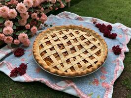 A Pie On A Table With Flowers And A Blue And White Cloth. AI Generated photo