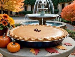 A Pie Sitting On A Table With A Fountain In The Background. AI Generated photo