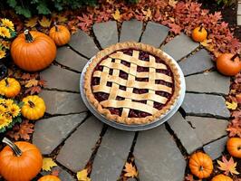 A Pie Sitting On A Table Surrounded By Pumpkins. AI Generated photo