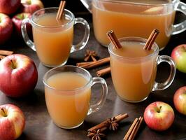 A Pitcher Of Apple Cid With Cinnamon Sticks And Apples. AI Generated photo