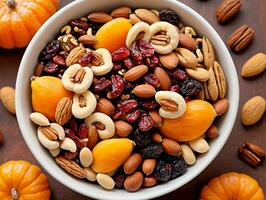 A Bowl Of Dried Fruit And Nuts. AI Generated photo