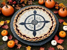 A Pie With A Compass On It Surrounded By Pumpkins. AI Generated photo