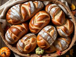 A Basket Of Breads With A Pumpkin In The Background. AI Generated photo