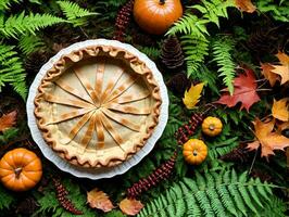 A Pie On A Plate Surrounded By Autumn Leaves. AI Generated photo