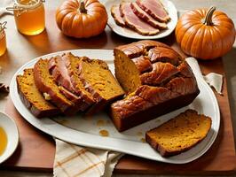 A Plate Of Sliced Pumpkin Bread On A Table. AI Generated photo