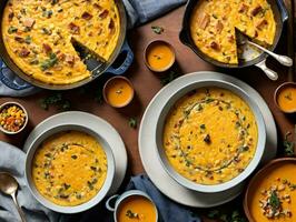 A Table Topped With Bowls Of Soup And Bowls Of Soup. AI Generated photo