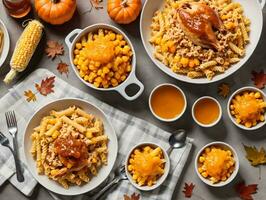 A Table Topped With Bowls Of Pasta Turkey And Pumpkins. AI Generated photo