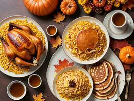 A Table With Plates Of Food And A Turkey. AI Generated photo