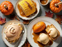 A Plate Of Desserts With A Corn And A Pumpkin. AI Generated photo