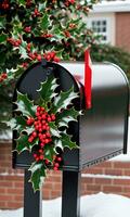 Photo Of Christmas Holly Branches Decorating A Mailbox. AI Generated