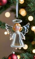 foto de Navidad vaso ángel ornamento con un aureola. ai generado
